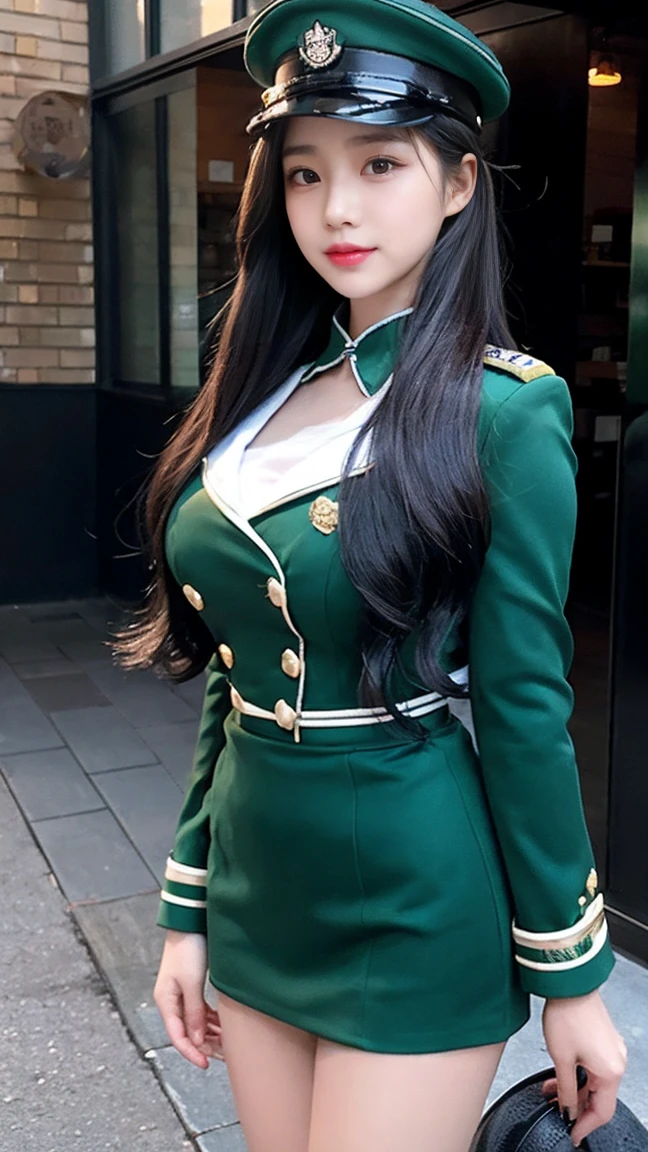 最high quality, masterpiece, 32k、Very detailed、Realistic、1 girl, Japanese women、Emerald green military uniformのコスチューム、High-grade, futuristic, sexy costume, Emerald green military uniform、US Army military uniform hat、Attractive K-pop idol-like outfits、Emerald green military uniform、class seal、Wears an emerald green military uniform hat(military officer uniform hat), Cute face, (photo Actual:1.3),Edge lighting, (Skin with attention to detail:1.2), 8K超High resolution, Single-lens reflex camera, high quality, High resolution, 4K, 8K, Optimal ratio of four fingers to one thumb, (Actual:1.3), cute 1 girl, Realistic、Super Realistic、32k、Very detailed、masterpiece, 最high quality, beautiful girl, beauty、Gorgeous girl, Medium chest、Big Ass, Narrow waist, Leg spread, Plenty of facial detail, City of the Future, Super detailed, High resolution, masterpiece, high quality, High resolution,