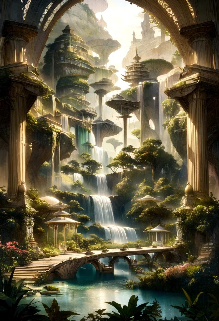 a serene, utopian landscape, a verdant paradise, detailed lush foliage, flowing rivers and waterfalls, beautiful architecture, gleaming white marble temples, floating islands in the sky, ethereal light, celestial rays, angelic beings, dreamlike atmosphere, muted jewel-toned colors, intricate details, seamless blending of organic and architectural elements, masterful composition, photorealistic rendering, cinematic lighting, epic scale, highly imaginative, digital art, concept art
