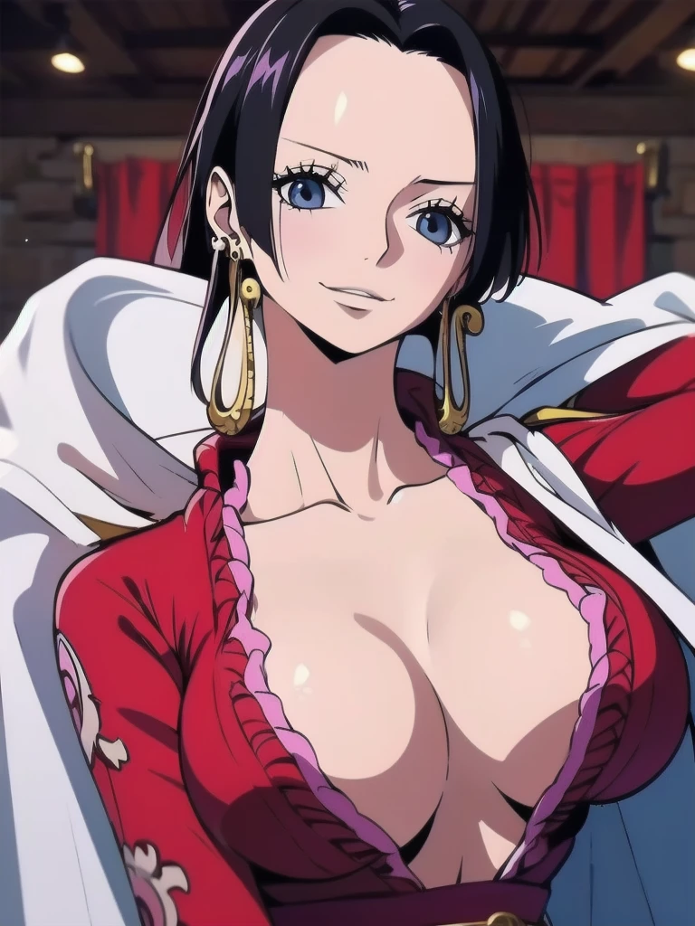 Masterpiece, Boa Hancock from One Piece, detailed face, beautiful blue eyes, small smile, wears earrings; big breasts, cleavage, loose and stylized hair, long beautiful hair, wears Boa Hancock earrings, (wears a red dress), (wears a white cape), has cleavage, bare abdomen, battle pose. The art style should resemble a captivating anime style. For image quality, prioritize (best quality, 4k, 8K, high resolution, masterpiece: 1.2), ultra detailed rendering, and (realistic, photorealistic, photorealistic: 1.37). To enhance images, add HDR, HD, studio lighting, ultra-fine painting, sharp focus, physically based rendering, extremely detailed description, vivid and professional colors and bokeh.