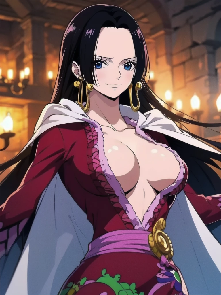Masterpiece, Boa Hancock from One Piece, detailed face, beautiful blue eyes, small smile, wears earrings; big breasts, cleavage, loose and stylized hair, long beautiful hair, wears Boa Hancock earrings, (wears a red dress), (wears a white cape), has cleavage,  abdomen, battle pose. The art style should resemble a captivating anime style. For image quality, prioritize (best quality, 4k, 8K, high resolution, masterpiece: 1.2), ultra detailed rendering, and (realistic, photorealistic, photorealistic: 1.37). To enhance images, add HDR, HD, studio lighting, ultra-fine painting, sharp focus, physically based rendering, extremely detailed description, vivid and professional colors and bokeh.