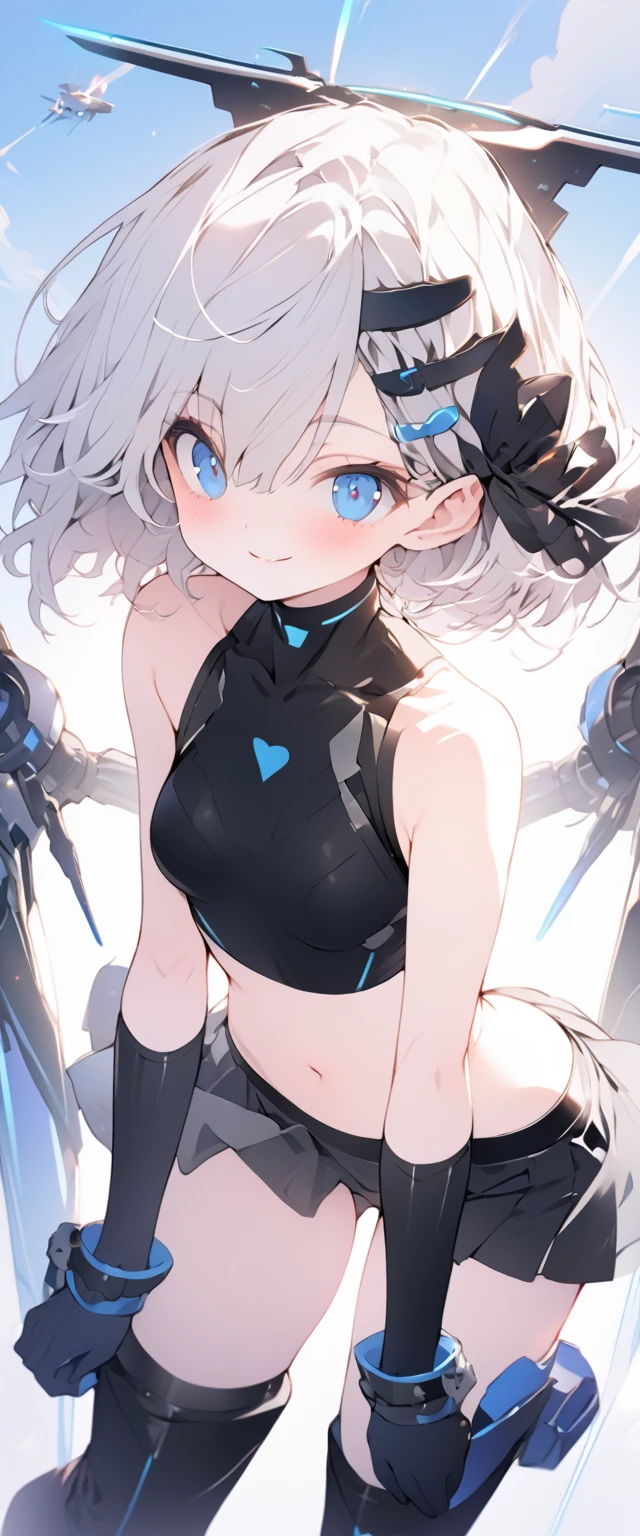 beautiful, masterpiece, Highest quality, anime, One girl, C Cup,Portrait Shot, View your viewers, Covered、Short Hair、nearby、Blue Eyes、art、、White hair,Blue streaked hair、wallpaper、hairpin、Cute smile、Thighs、navel、Sci-fi hair accessories、Blue-black_Gloves、Blue-black_Knee-high boots、、Cute、Blue-black_Short skirt、Sci-fi combat uniform、blue sky、Blue-black_High leg、Leather material、navel