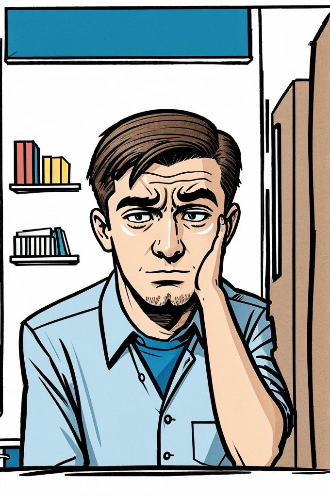 A comic style drawing of a worried man in an office