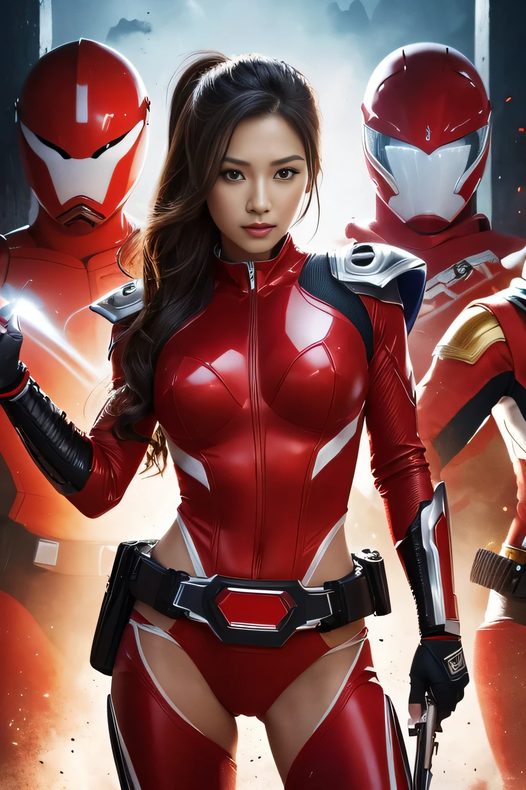An incredible decision、High resolution、(masterpiece:1.4)、Ultra-detailed、Sharp details、Dramatic and realistic painting art、Super Sentai Series、All Women、(red、White、That's pink、Cyan、green、Group of 5)Hero of Justice、All smiles、、(((Full body view:1.3)))、(((Big Breasts:1.3))),(((See-through suit:1.3)))