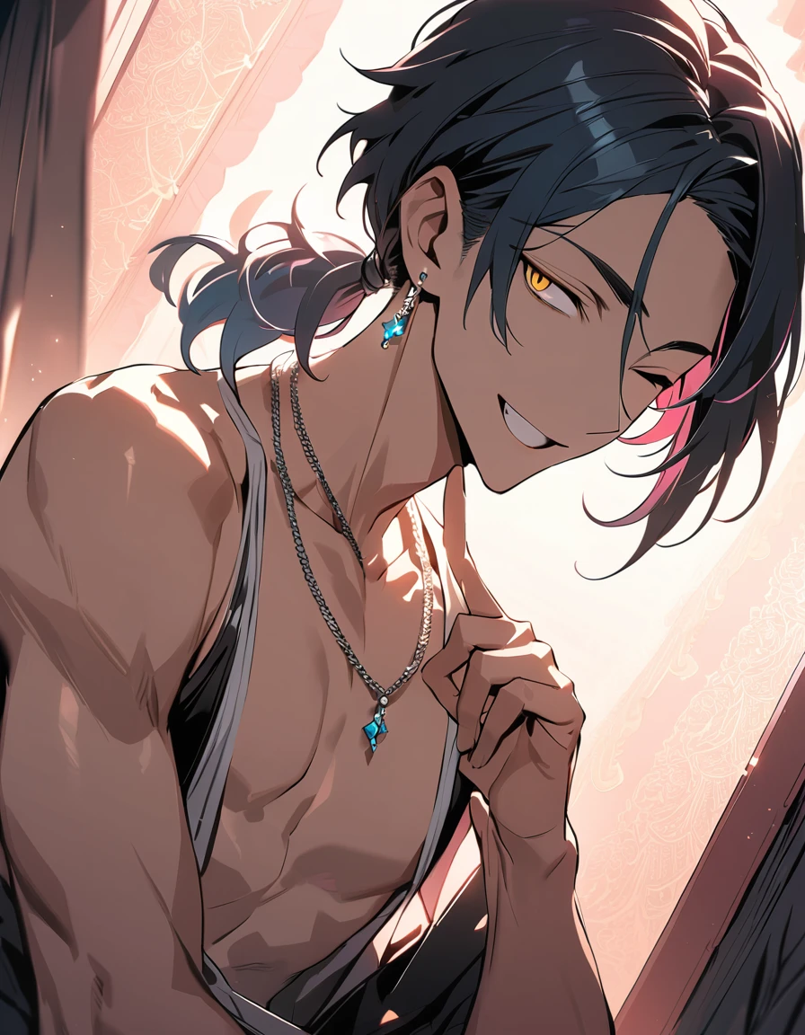 ((((best masterpiece, best quality, wallpaper,)))) solo, guy, male body, small muscles, flat chest, 1male, 30 years old, handsome man, dramatic angle, upper body, looking at viewers, beautiful detailed, finger to mouth, mediumturquoise hair, ((((Lower short ponytail)))), asymmetrical bangs, ((short hair,)) seductive smile, ((( one eye closed, gold eyes,))) (((^o^, tareme, droopy eyes,))) perfect face, sharp nose, seductive smile, clear face, open shirt, ((silver earrings, silver necklace,)) leggings, lighting back, backlighting, pink background color ultrasharp, 8K, masterpiece,