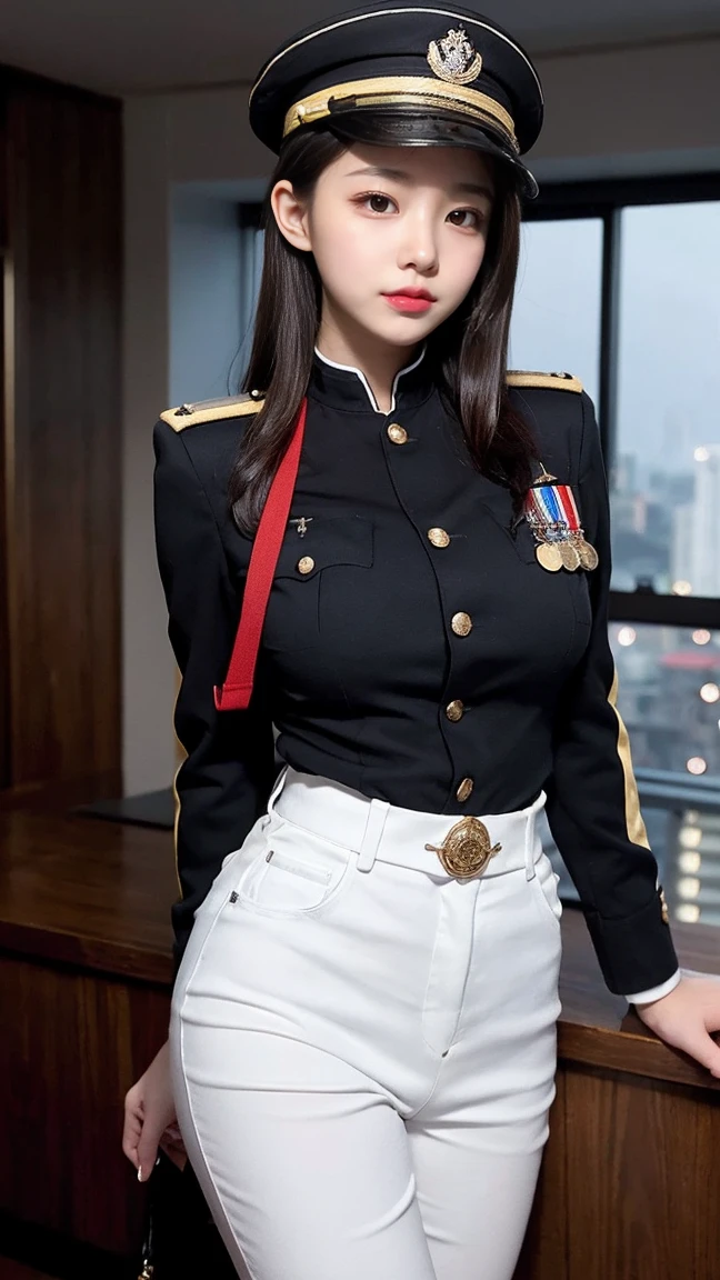 (Military girl: 1.5), highest quality、16K high resolution、Super detailed、masterpiece、Live shooting、realistic:1.4、hyper realism:1.4、sharp focus、very delicate and beautiful、small details、1 female、(european:1.2)、(from below)、(showing panties: 1.3)、(white panties:1.3)、(Cameltoe: 1.2)、 (standing, front)、(super beautiful)、(beautiful face:1.5)、(ponytail, stockings)、(detailed face)、(fine and beautiful eyes)、Perfect round eyes、(detailed lips)、Lipstick、(eyeliner)、mascara、eye shadow、(military uniform, green pencil skirt,)、white shirt、green suit, tie、At SFW