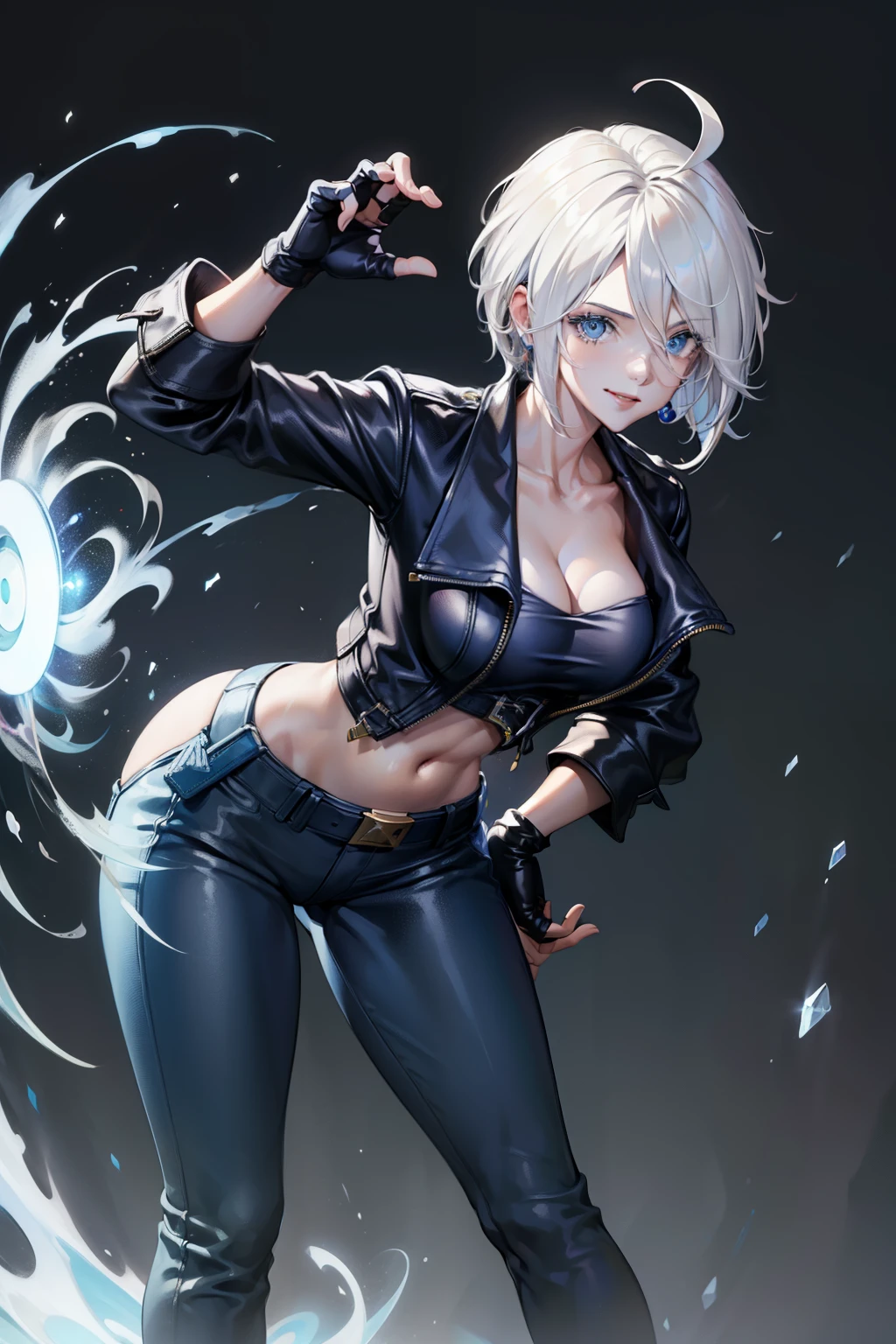 (masterpiece), best quality, expressive eyes, perfect face, highres, 1girl, solo, angelms, white hair, jacket, ahoge, fingerless gloves, midriff, hands to hips, leaning forward, smiling, fanstasy background, particles, magic, standing,cowboy shot, looking at the viewer, from front