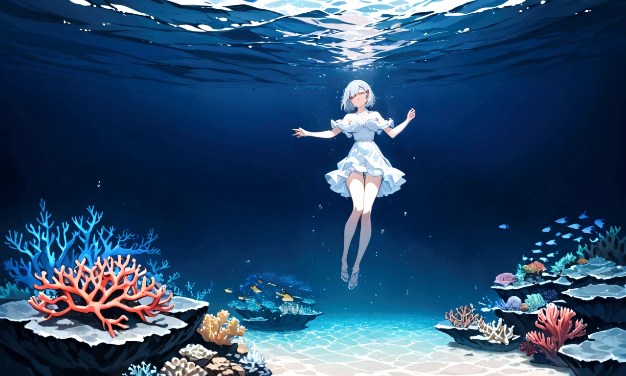 Highest quality,masterpiece,8K,Silver braided short bob hair,Drowning,In the sea,Coral Reef,wide shot ,tachi-e,hairclip