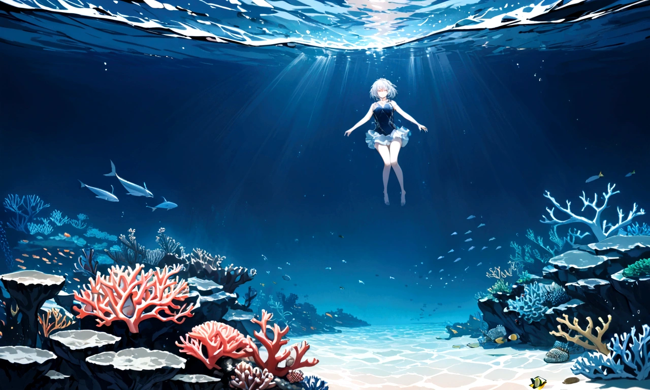 Highest quality,masterpiece,8K,Silver braided short bob hair,Drowning,In the sea,Coral Reef,wide shot ,tachi-e,hairclip