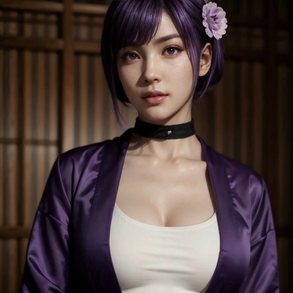 Ayane, purple hair, (best quality, ultra-detailed), (realistic:1.37), beautiful and detailed face, ultra-realistic texture, delicate face, delicate body, red lipstick, bright colors. high definition, 8K, well defined legs