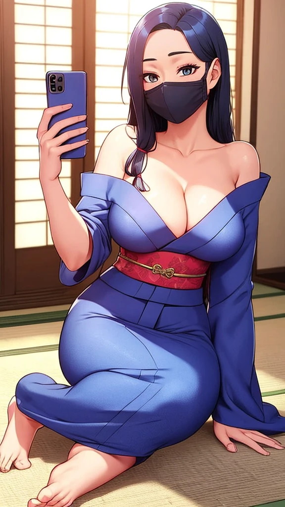 1 Girl，single，Long hair，breast，Black Hair，Ribbon，clasped，Cleavage，bareshoulders，Double tail，Sitting，Headband，sleeve，Japanese clothes，barefoot，kimono，belt，mask，Obi，cell phone，智能cell phone，拿着cell phone，on the floor，Selfie，红色kimono，短kimono，狐狸mask