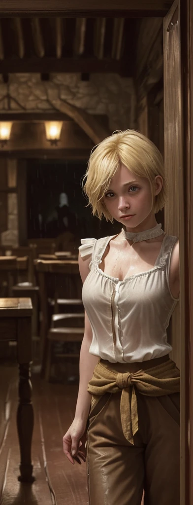 A girl with short blonde hair enters the dining room of a tavern, soaked by the rain.. He wears medieval-style travel clothes, with a sleeveless shirt and brown pants. The clothes are tight to his body because of the water. The blouse becomes semi-transparent.
His arms look fibrous.