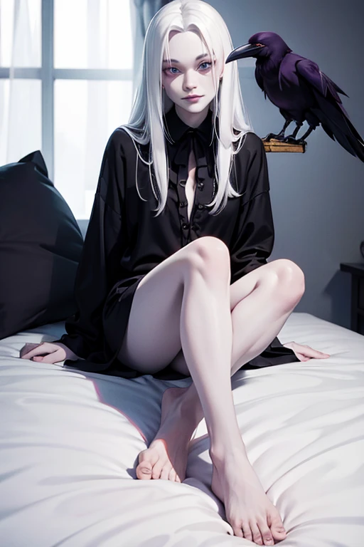 ((Playing with a raven:1.4)),Night time, elegant bedroom. (black pajamas, silk:1.3).Cute 18 yo (albino:1.4)woman of Slavic descent.(short:1.1), , long white hair, gray eyes, ((very pale:1.4)). Innocent look. Gentle spirit.(virgin), bare feet,((smile)).Masterpiece, best quality(highly detailed:1.2),(detailed face and eyes:1.2), depth of field, 8k wallpaper, studio lighting, core shadows, high contrast, bokeh.