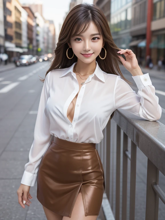 8K, Tabletop, RAW Photos, Highest quality, Realistic, 非常に詳細な CG Unity 8K 壁紙, (Very beautiful face, Beautiful Lips, Beautiful Eyes), Exquisitely detailed face, ((Highly detailed skin)) One Girl, Cute Korean Girl, K-Pop Idols, 1 Girl, (Very slim and slender fit muscular body:1.3), ((View your viewers)),(Big smile:1.3), Beautiful earrings, bracelet, necklace, pantyhose, Clear Eyes, (Tan Skin), (Big eyes), Look forward, (Brown long hair), (Full Body Shot), ((See-through shirt)), ((White business shirt)), , (View your viewers:1.3) Open chest, Very slim, huge , (((Tight mini skirt))), Thick thighs, Nature background、