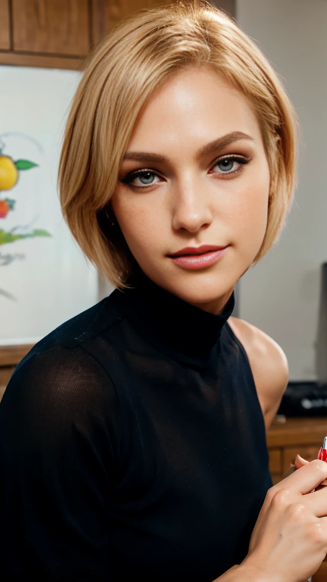 ((natural blonde)) short hair down to the neck ((light brown eyes)) slightly red face thin body, is standing in front ((Pose for Photo)) in a common living room "the outfit is an elegant black dress exposed left shoulder, makeup is dark with a lot of black eyeshadow, with pencil on eyes eyeliner red lipstick" ((face perfect)) ((perfects eyes)) ((sweet smile))