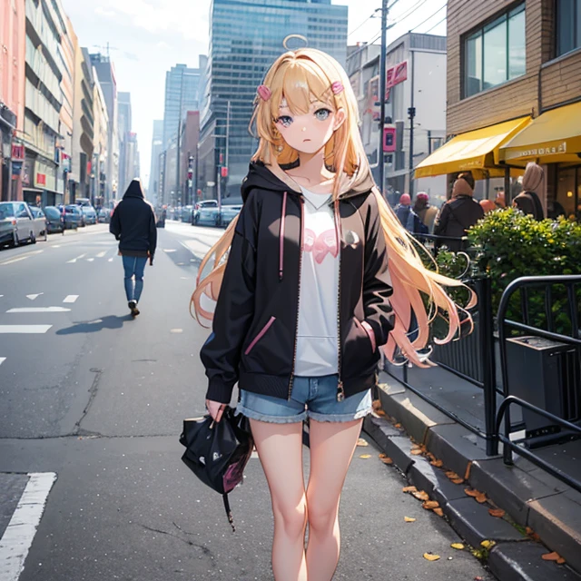 (masterpiece art, high best quality image, very detailed features)
1girl, teenage girldium long blonde golden hair, blonde golden eyebrows, fair skin, light blue eyes, thin lips, nervous anxious demeanor, scared face (blue greyish hoodie, closed hoodie but not hooded head, brown jean shorts, yellow walking shoes, pink san valentine heart hairclip)
Standing on street, Ottawa Canada, city street, afternoon cloudy grey day