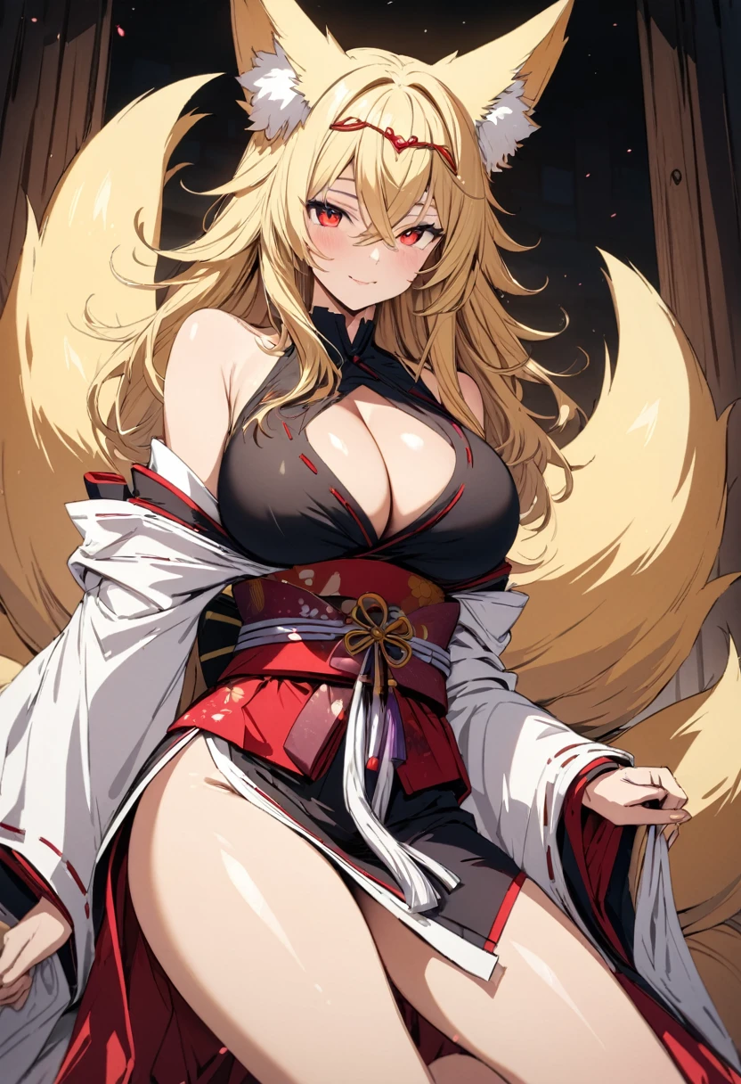 (masterpiece),(best quality),(ultra detailed),(illustration),(an extremely delicate and beautiful),(anime colored),woman is fox girl,monster girl,(giganticboobs:1.3),curvy,(shiny hair),very long hair,(flipped hair),sidelocks,(crossed bangs),(blonde hair),fox eyes,(((((((nine fox tails))))))),(((Japanese circlet))),(red eyes),(shiny skin),(((japanese kikono))),cleavage cutout,off shoulder,thigh,legs