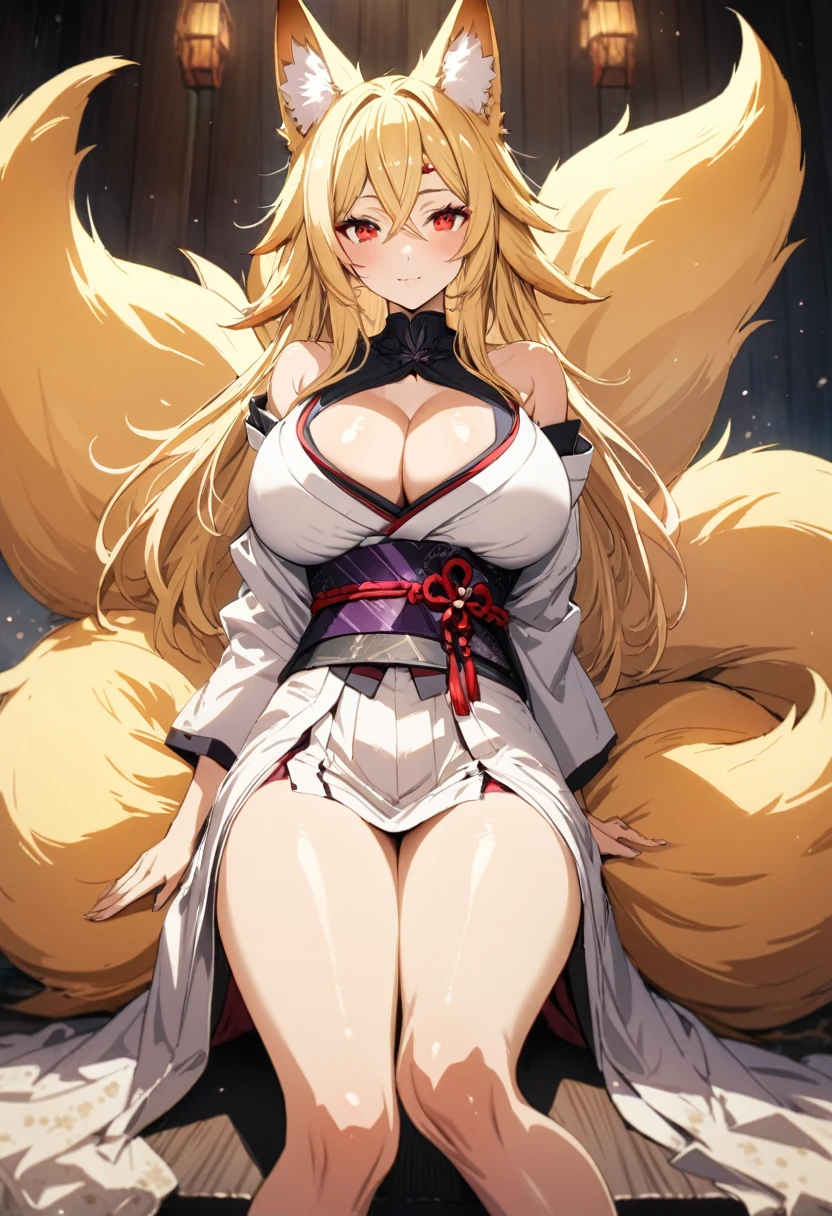 (masterpiece),(best quality),(ultra detailed),(illustration),(an extremely delicate and beautiful),(anime colored),woman is fox girl,monster girl,(giganticboobs:1.3),curvy,(shiny hair),very long hair,(flipped hair),sidelocks,(crossed bangs),(blonde hair),fox eyes,(((((((nine fox tails))))))),(((Japanese circlet))),(red eyes),(shiny skin),(((japanese kikono))),cleavage cutout,off shoulder,thigh,legs