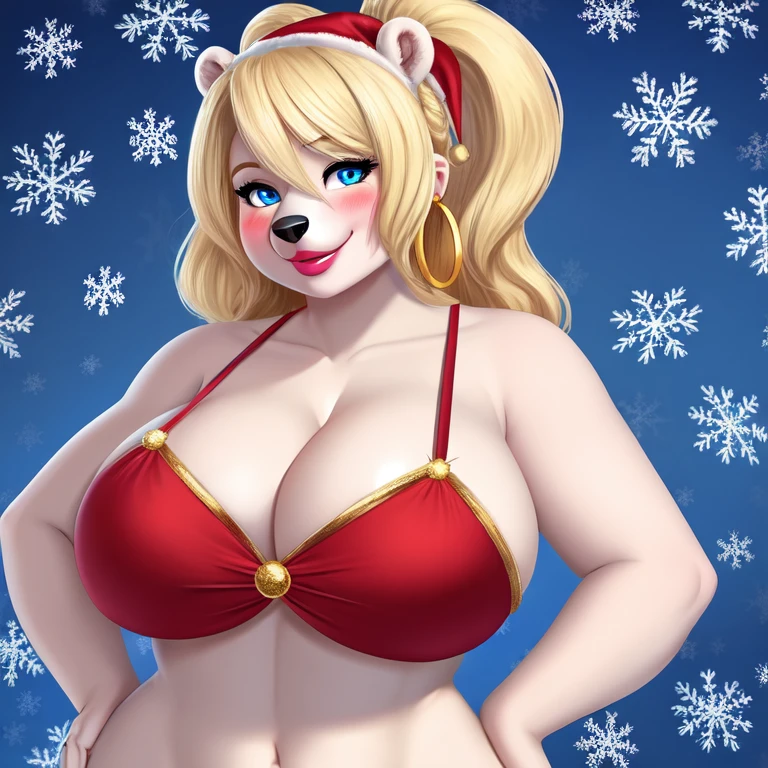 Blonde polar bear woman, wearing a Christmas bikini, perfect face, blue eyes, big breasts, cleavage, three-quarter view, solo, smile, perfect detailed body, pink lipstick, gold earring, hand on hips, blushing