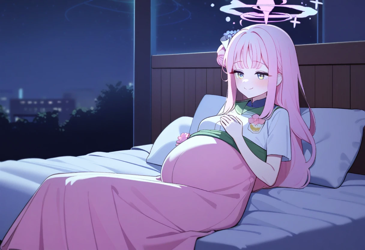 1 girl,Mika/Blue archive, long hair,blue eye,pink hair,garden uniform, pink skirt, pink flower hair clip, pregnant, sit bed, night time,smile,hand,pink clip flower,
