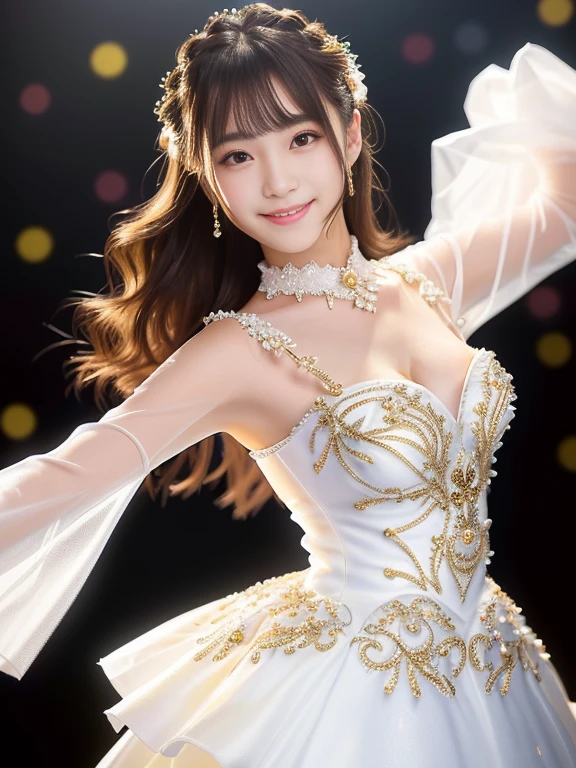 Photo-realistic quality、A 20-year-old idol wearing a white dress decorated with flowers, Sparkling accents on the figures、Beautiful Japanese Model、Detailed and beautiful eyes、Cute smile、A soft and gentle look、looking at the camera