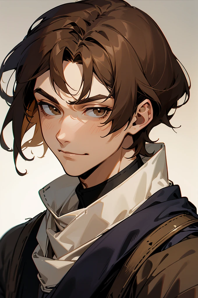 handsome man, gorgeous face,calm expression, a little smile, straight short hair, light brown hair, dark brown eyes, wearing an medieval mercenary outfit, wearing a layer, anime style