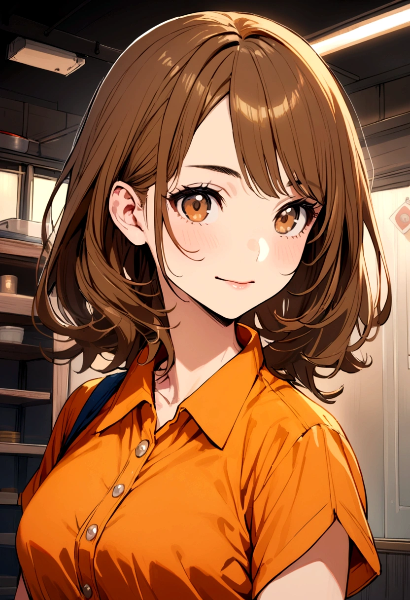 40 years old girl, short brown hair, brown eyes, blue 2-strap worker shirt, orange t-shirt inside.