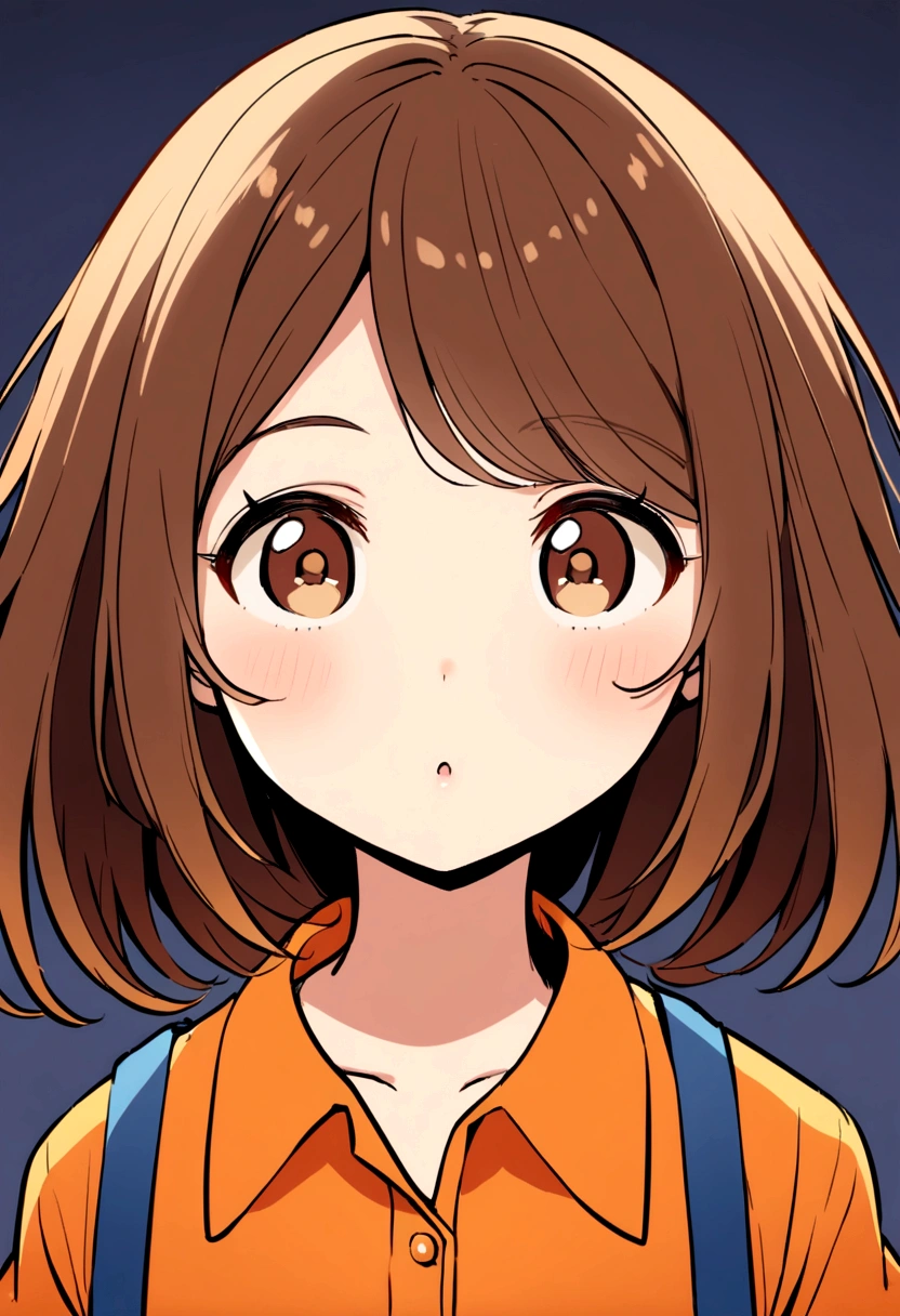 40 years old girl, short brown hair, brown eyes, blue 2-strap worker shirt, orange t-shirt inside.