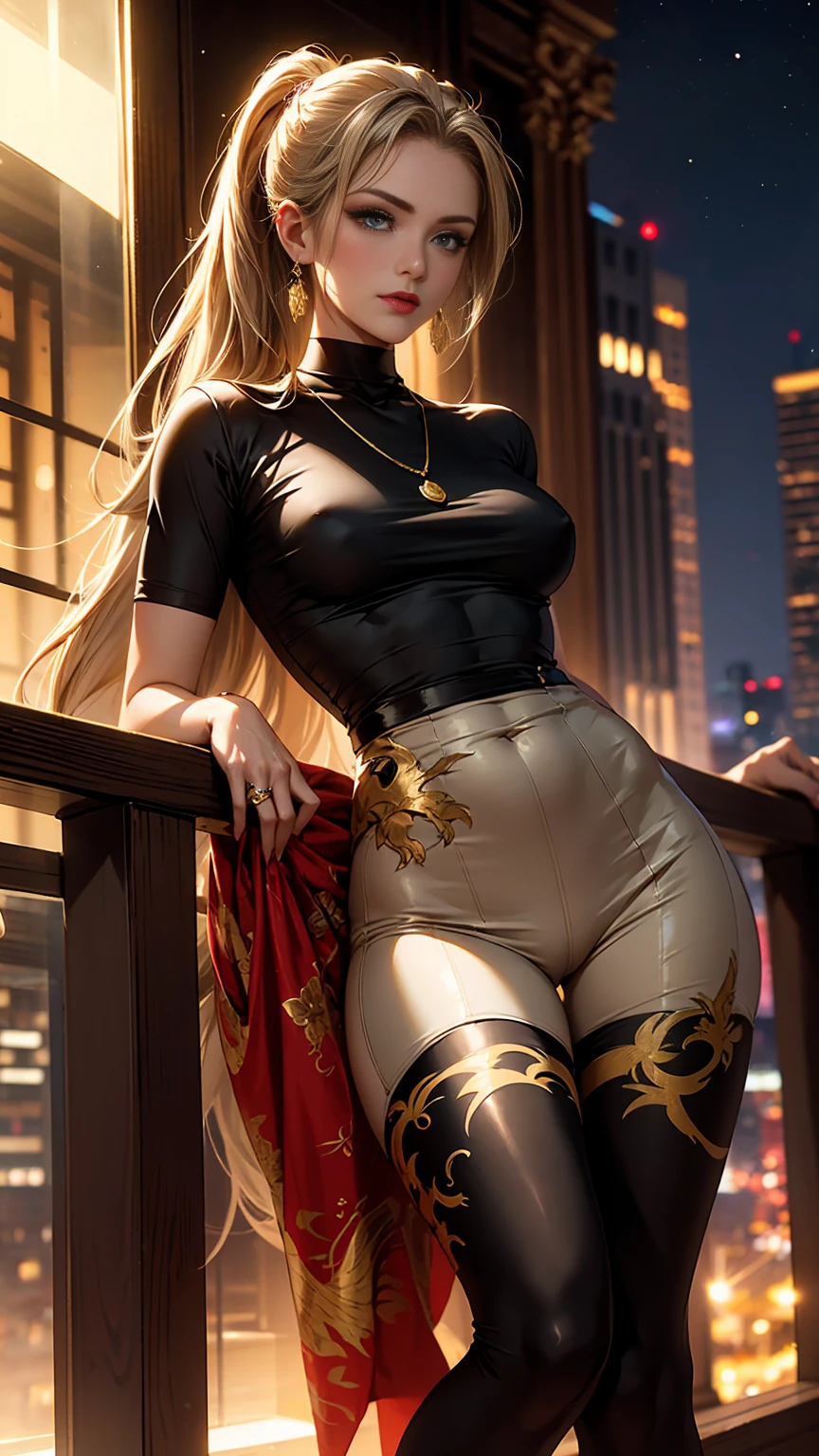 Beautiful woman with long straight ponytail blond hair with blue eyes wearing a Black Tight Leggings With Golden Dragon Prints, a Red  Criss Cross Mock Neck Short Sleeves Dress With Phoenix Prints, luxurious jewelry and a luxurious necklace, 18k gold wedding ring on left hand, standing in a balcony at night of full moon, (caucasian skin), (light brown lipstick), (elegant mascara), (slim body with abs), (small ), (wide ), midjourney, <lora:GoodHands-, <lora:GoodLegs-, UHD, high resolution, (masterpiece:1.1, best quality), (expressive eyes, perfect face, full body, expressive face, perfect body, perfect , athletic, fit, slim body, blushing, Perfect makeup, eyeliner, beautiful eyelashes, smiling,  face), ((best illumination, best shadows)), (( pose))