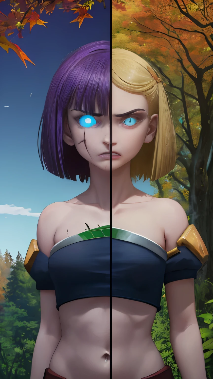 (Masterpiece, highly detailed, highly quality,  highly resolutions), line between the middle, duality, split colored hairs, split colored eyes, split colored armor, split colored trim, split theme ((SplitScreen, split screen, BREAK nightelf, angry, clenched teeth, scars on face, glowing eyes, blue eyes, Purple Hair, colored skin, mature female, purple midriff, navel, purple shoulder pad, platinum trim, purple lips, spring leaves, looking at viewer, forest, night, bare shoulders, spring season), (SplitScreen, split screen, BREAK bldelf, angry, clenched teeth, blood strains on faces, glowing eyes, yellow eyes, Blonde hair, colored sclera, mature female, red short shirt, navel, red shoulder pad, gold trim, fall leaves, looking at viewer, forest, day, bare shoulders, Fall season))