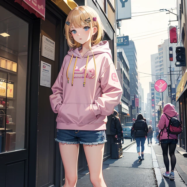 (masterpiece art, high best quality image, very detailed features)
1girl, teenage girl, medium not so long blonde golden hair, blonde golden eyebrows, fair skin, light blue eyes, thin lips, nervous anxious demeanor, scared face (blue greyish hoodie, closed hoodie but not hooded head, brown jean shorts, yellow walking shoes, pink san valentine heart hairclip)
Standing on street, Ottawa Canada, city street, afternoon cloudy grey day