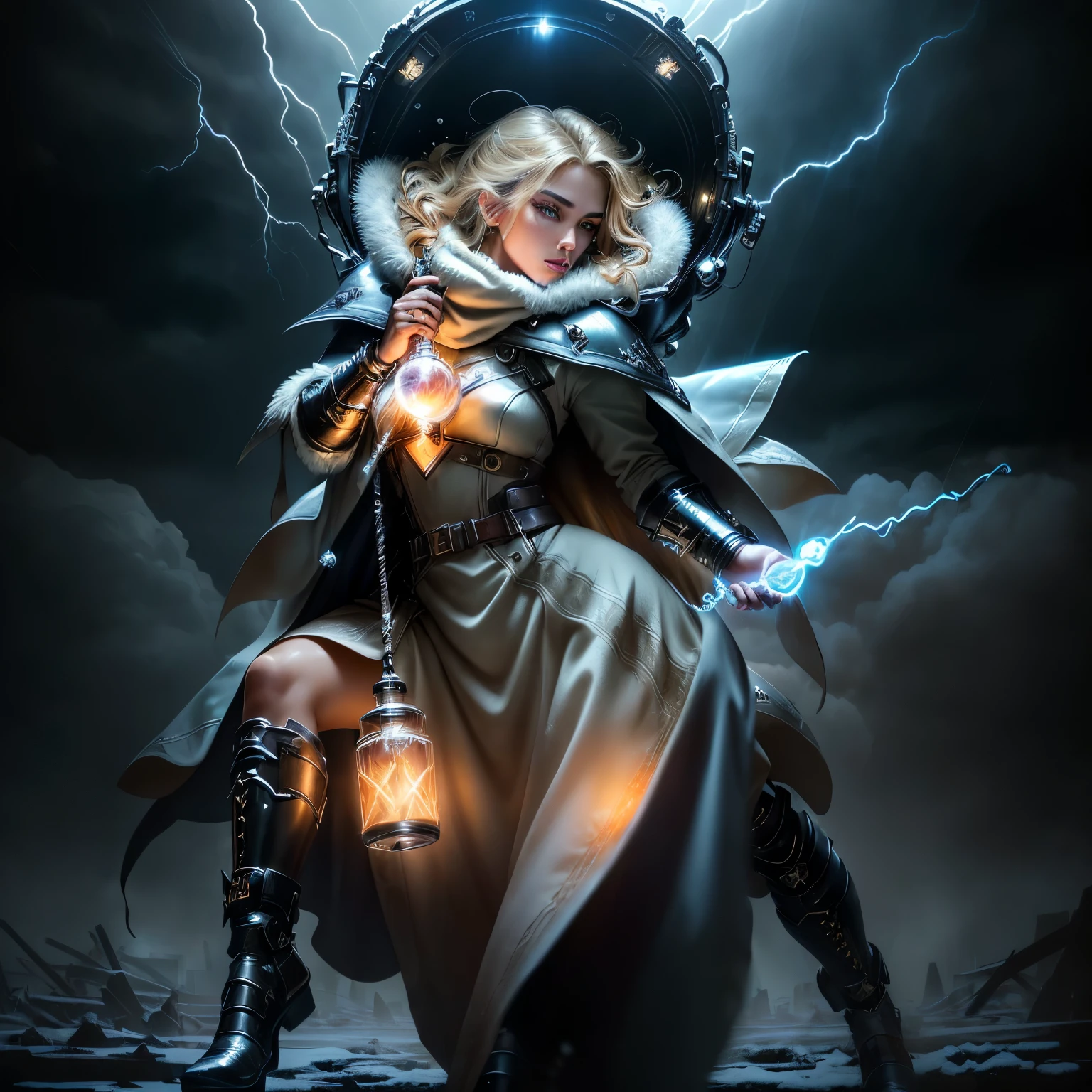 a weather witch holding a bolt of lightning, full body image, tan colored skin, caramel skin, beautiful detailed eyes, beautiful detailed lips, extremely detailed face, long eyelashes, long puffer vest, winter puffer vest, bubble vest, elegant futuristic dress, balenciaga style, dramatic lighting, fighting stance, cinematic, highly detailed, 8k, photorealistic, fantasy, magical, dramatic atmosphere, moody colors, dynamic pose, powerful energy, glowing lightning bolt, intricate details, mystical, awe-inspiring
