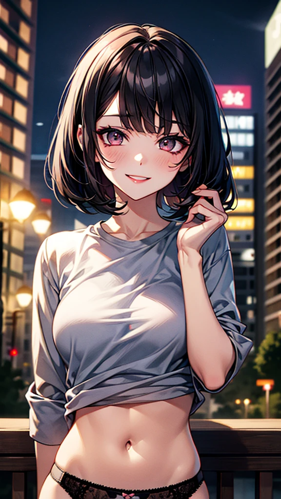 Face focus, portrait, glowing black eyes, Feminine style, a girl, asymmetrical Bangs, Bangs, black hair, OKid, OK, Camera gaze, Smile, night, City, bob hair, abdomen, red lips, shirt, alone, Permanent, OKid, Upper Body, underwear, pink underwear, Perfect body lines, fair kubire, fair, Naughty face