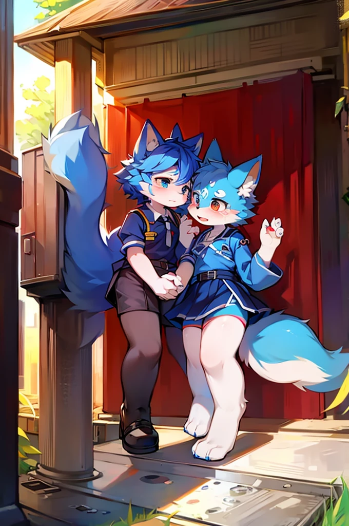 Blue fur, Canine, fox motif, Couple of girls and boys, uniform、Holding hands，Cry a lot，