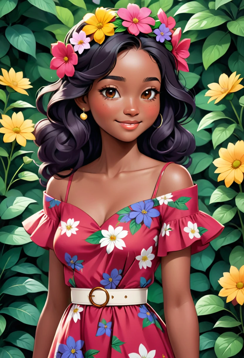 1girl, solo, long hair, blush, smile, black hair, hair ornament, dress, collarbone, closed eyes, flower, short sleeves, parted lips, belt, artist name, hair flower, dark skin, bag, dark-skinned female, leaf, floral print, red dress, plant, white flower, red flower, pink dress, facing viewer, pink flower, freckles, blue flower, curly hair, shoulder bag, yellow flower, purple flower, head wreath, orange flower, print dress