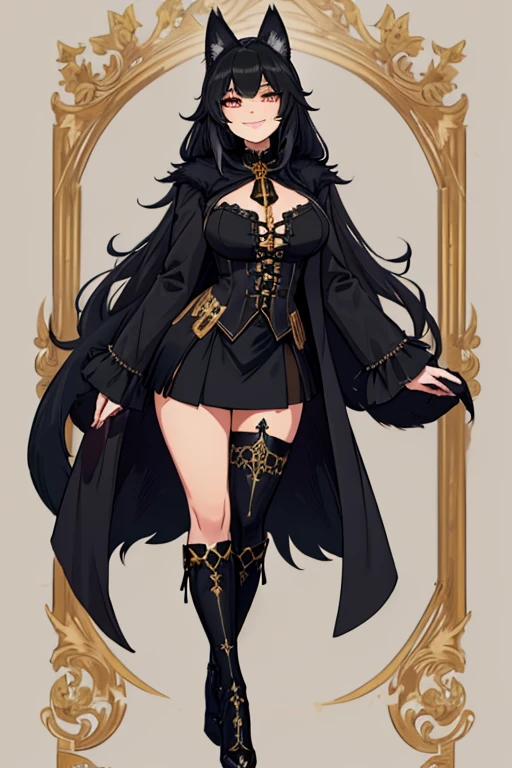 female, black long hair with gold highlights, silver eyes, black wolf ears, black wolf tail, (((1girl))), (((black Victorian coat with gold trim))), (black skirt), (white stockings), (black heels), cute and sexy, full body, large breasts, large butt, long legs, smiling