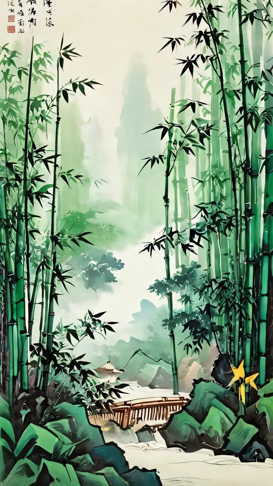 (Tea:1.5), (Ink Painting:1.5), (Good taste:1.5), (Ink Painting:1.5), (Rich colors:1.5), 8K, 4K, (landscape:1.5), (Afternoon Tea Time:1.5), (bamboo forest:1.5), (600s:1.5),