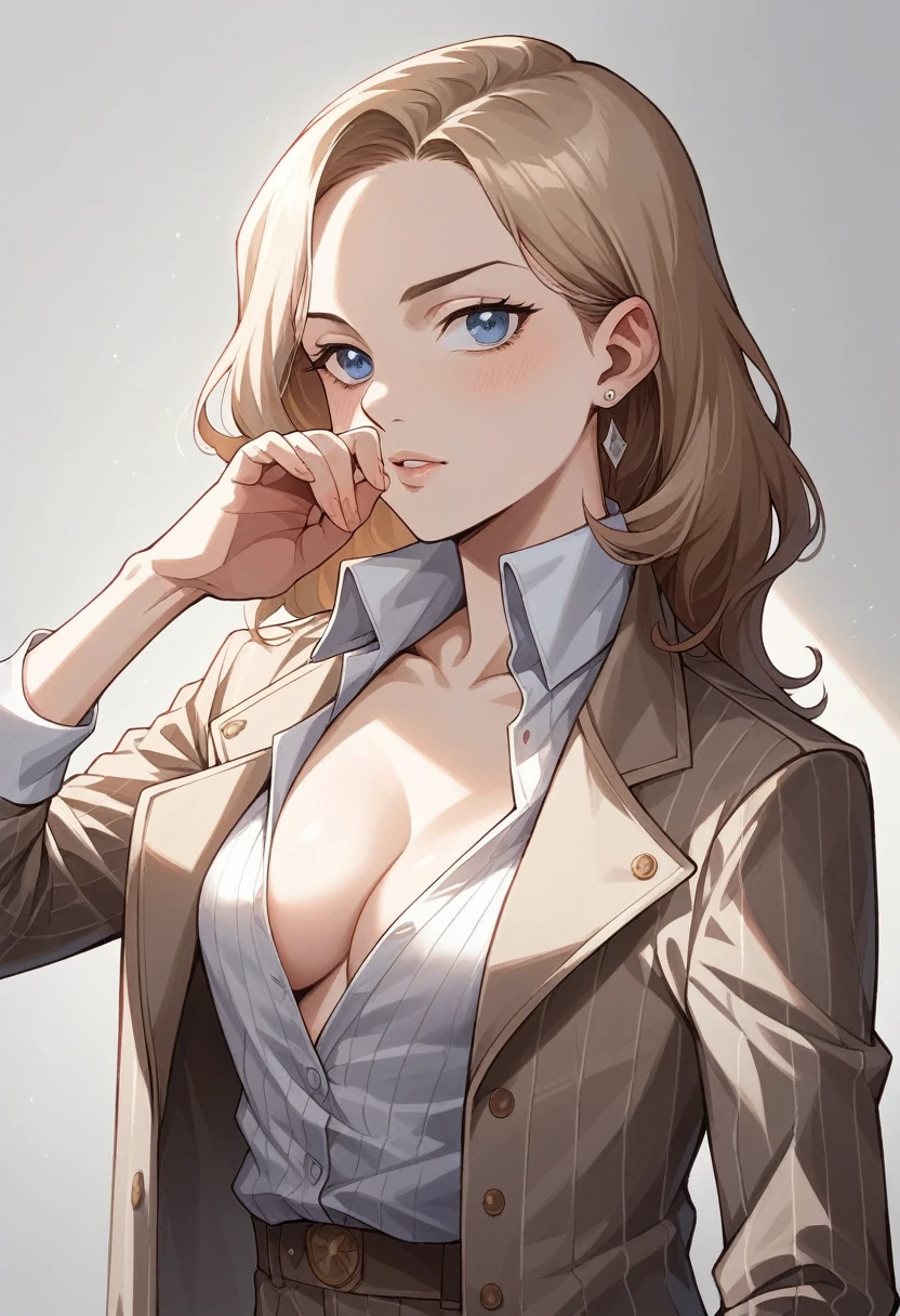 A stylish woman with light brown hair and blue eyes, wearing a beige and white pinstriped suit. The suit jacket is worn partially open, revealing her bare chest underneath. She is seated in a modern, light brown leather chair, with one hand resting on her head and the other in her pocket. The background features a white wall with decorative molding, giving the setting an elegant and sophisticated look. The woman has large, circular white earrings and a relaxed, confident expression. Perfect face, Perfect Hands, detail expression, detailed skin, extreme realistic skin detail, detailed face, (skin imperfections:0.3), intricate, (skin pores:0.2).  Cinematic photo, real photo, natural lighting, high quality, film grain, high pixels, high quality, high resolution, photorealistic.