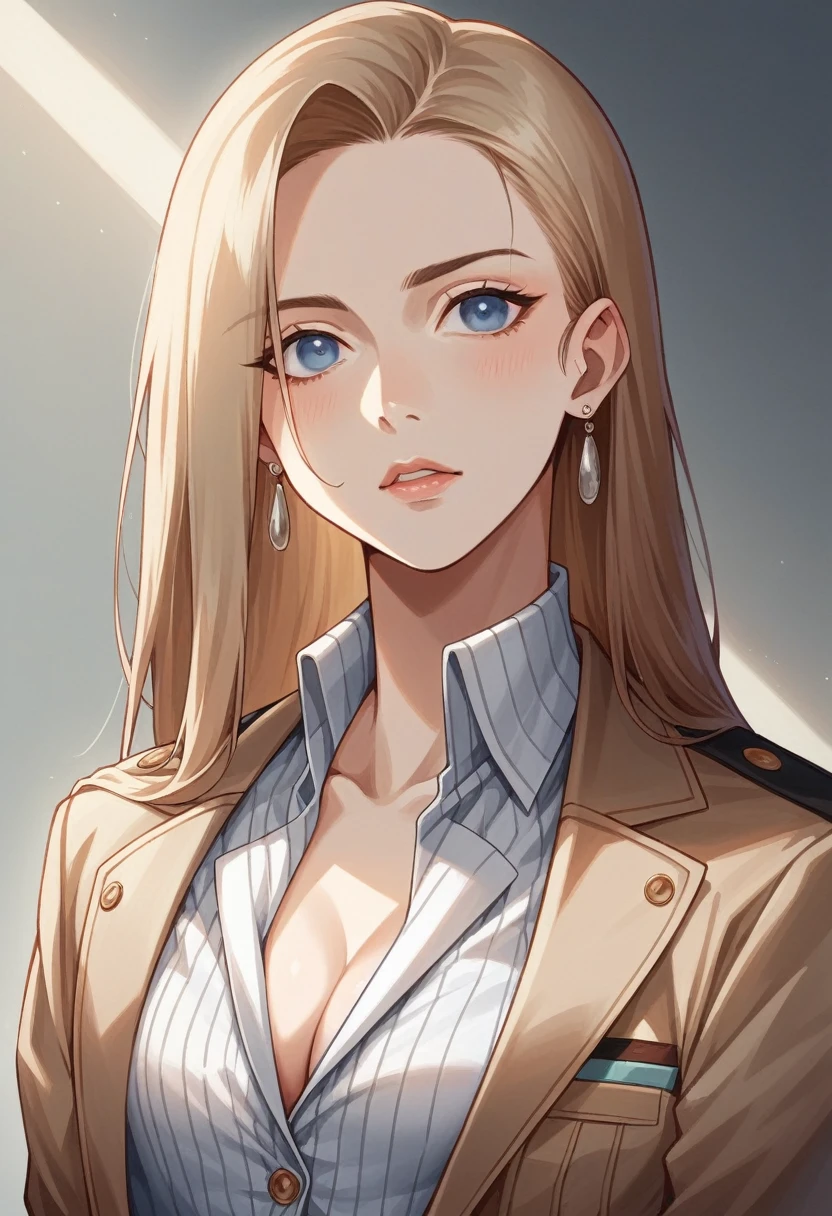 A stylish woman with light brown hair and blue eyes, wearing a beige and white pinstriped suit. The suit jacket is worn partially open, revealing her bare chest underneath. She is seated in a modern, light brown leather chair, with one hand resting on her head and the other in her pocket. The background features a white wall with decorative molding, giving the setting an elegant and sophisticated look. The woman has large, circular white earrings and a relaxed, confident expression. Perfect face, Perfect Hands, detail expression, detailed skin, extreme realistic skin detail, detailed face, (skin imperfections:0.3), intricate, (skin pores:0.2). Cinematic photo, real photo, natural lighting, high quality, film grain, high pixels, high quality, high resolution, photorealistic.