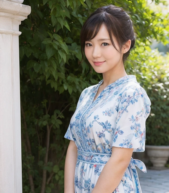 ((Highest quality、、masterpiece:1.3))、Realistic, Sharp focus, High resolution, High resolution, Portraiture, alone, Japanese, Middle-aged women, Beautiful woman, 26 years old、Big Breasts、Seaweed pattern casual dress、Photograph the whole body、ancient ruins、smile