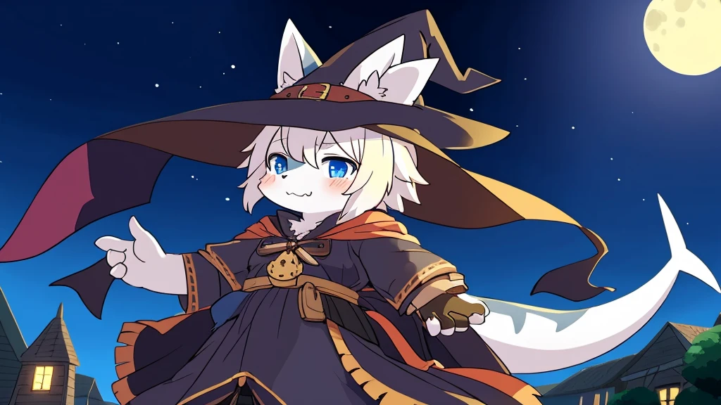 masterpiece, solo,1girl, Furry, Kemono, furry shark, blue eyes, witch clothes, fantasy town, by すな吉