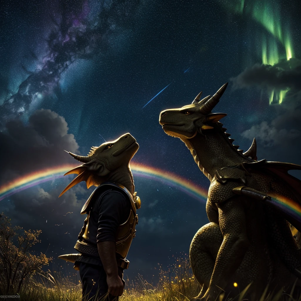solo, male, mature male, (male anthro dragon:1.3), (yellow body:1.1), (standing:1.3), (kemono:1.2), (starry sky:1.23), t-shirt, (clothed), (looking up:1.4), (raised head), (side view), galaxy, aurora, (rainbow:1.3), detailed eyes, portrait, dragon tail, horn, (detailed eyes), (outside:1.35), grass, hill, shooting star, (dark:1.4), (particles ,firefly, blue glowing:1.3), detailed background, 8k hd, (dark shadows, wide dynamic range, hdr, low light:1.2), by Pino Daeni, barazoku, [by dagasi, by zixiong], cygames, by null-ghost