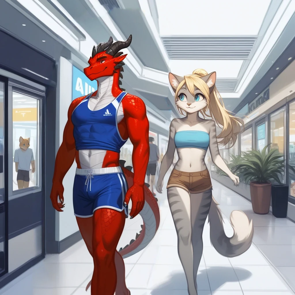 Score_9, score_8_up, an anthro dragon male, tall, athletic body, black dragon male, (black scaley body):1.3, red eyes, he is wearing a blue sports jersey and shorts with white sneakers, walking in a strip mall, looking to his left at other character,