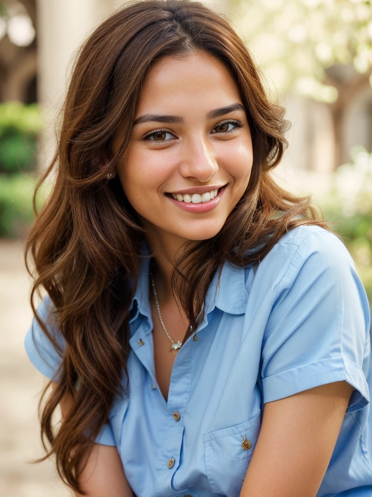 a photo-realistic portrait of a beautiful Palestinian woman with long brown hair, blue shirt, white teeth, and a cute smile, with highly detailed and realistic facial features, modest expression, and realistic white skin tone