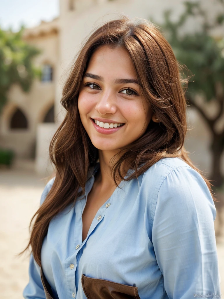 a photo-realistic portrait of a beautiful Palestinian woman with long brown hair, blue shirt, white teeth, and a cute smile, with highly detailed and realistic facial features, modest expression, and realistic white skin tone