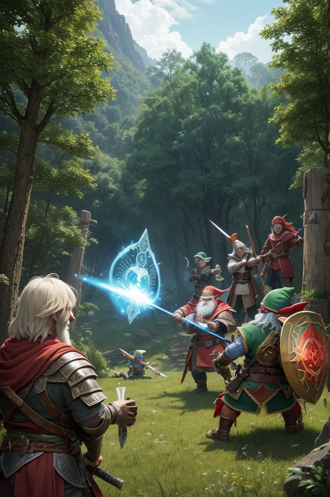 A gnome wizard using a magic shield next to a warrior with a red dragon head next to an elf archer and next to an injured samurai fighting against 3 green-skinned witches and in the background a giant at night and in a forest
