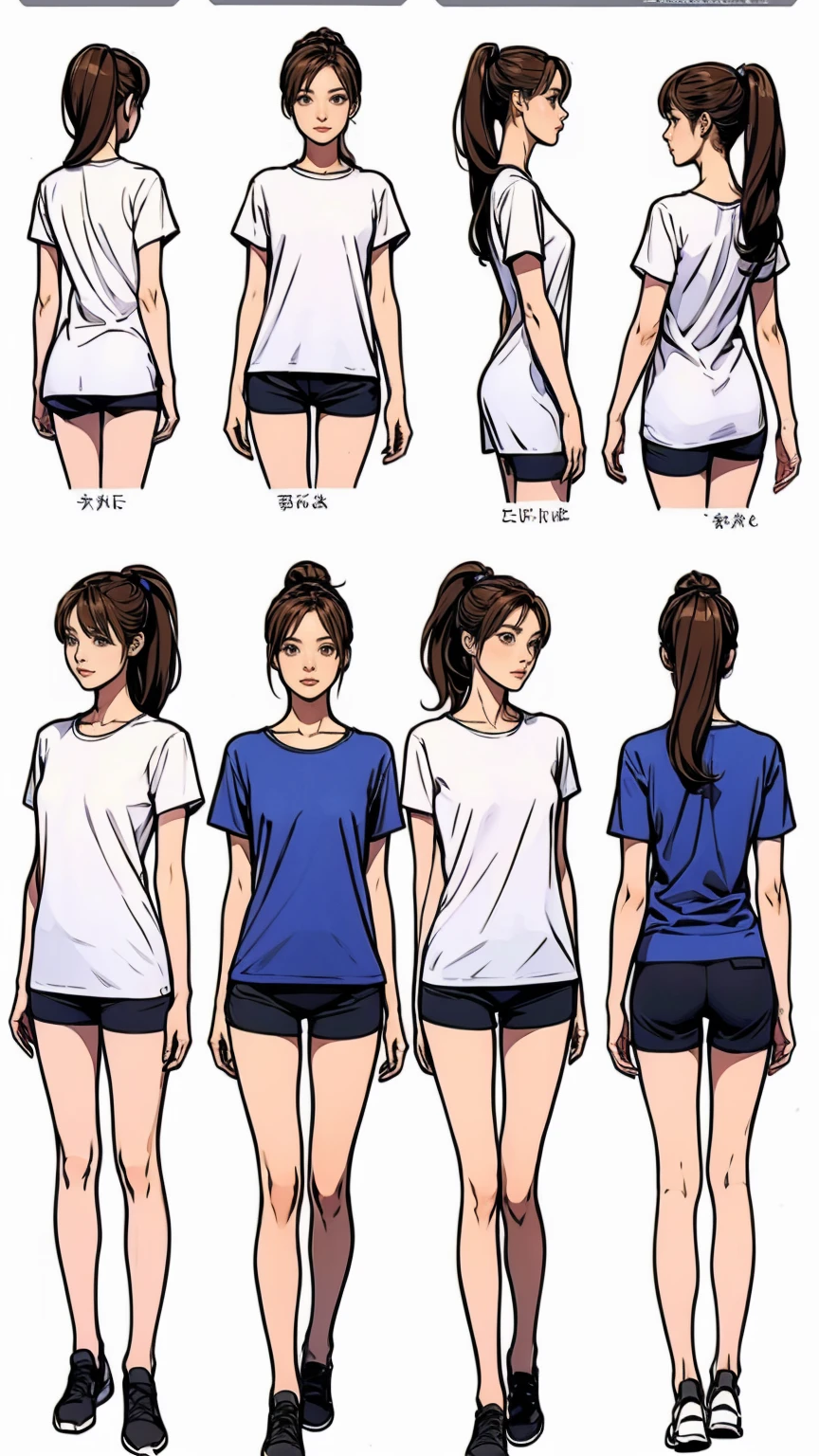 ((masterpiece)),(((Highest quality))),((Character design sheet)),Thin thighs,Long legs,masterpiece, Colorful ,White T-shirt,woman, Brown hair in a ponytail,