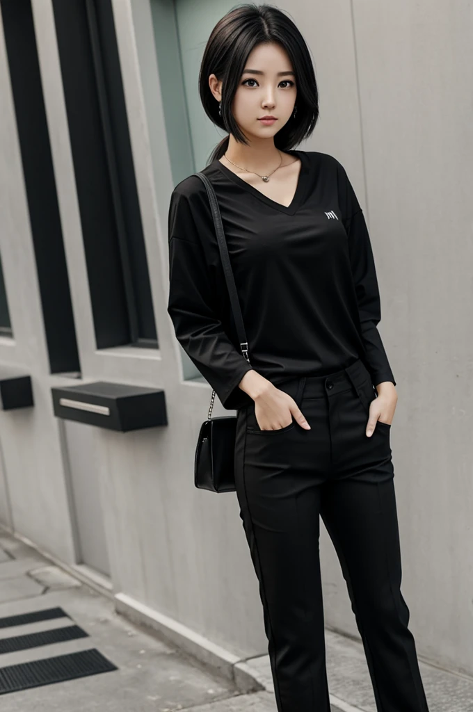 A female anime character black shirt black pants