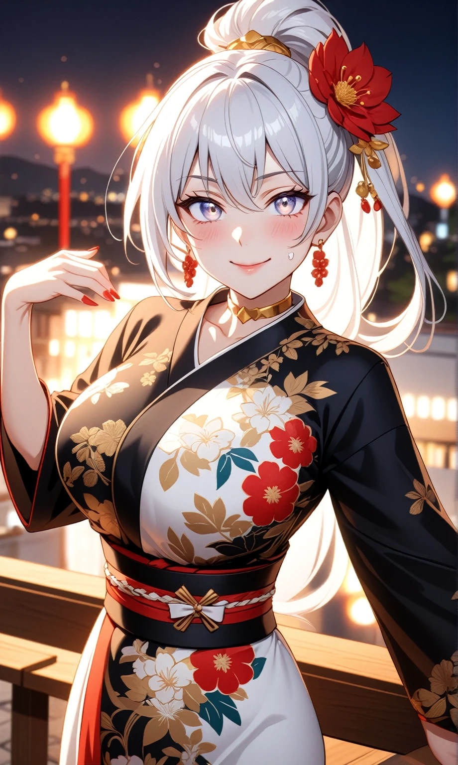 ((One personの女性)), Beautiful Face,((Wink:1.9)),Laugh with your mouth wide open, ((Bright red cheeks:1.4)),Glossy red lips,night,rooftop,Festive decorations,You can see the ocean, firework,Lighting on the face,((Anime style background)),masterpiece, Highest quality, so beautiful,Latest, Complex details, (Pink long nails),(ring),(bracelet),(Golden choker),AI-generated, Complex,High resolution, Highest quality, super high quality,3D Images、looking outside、3D Images,One person,Long white hair,High Ponytail,(blue eyes),Anime woman posing for a photo, ((Fine grain、Silvery white colorful eyes、Shining Eyes:1.4)),(Squint your eyes:1.1),a hyperRealistic , hyperRealistic , Realistic,Anime woman with long and white hair, Smooth anime CG art, A woman in a colorful kimono with gold embroidery, (Black long sleeve kimono),Red floral pattern,Long flower hair ornament,Big earrings,Mature Body,(Big Breasts:1.1),Tall,Abdominal muscles,Narrow waist,(Zoom in on face:1.8),Photographed from the front