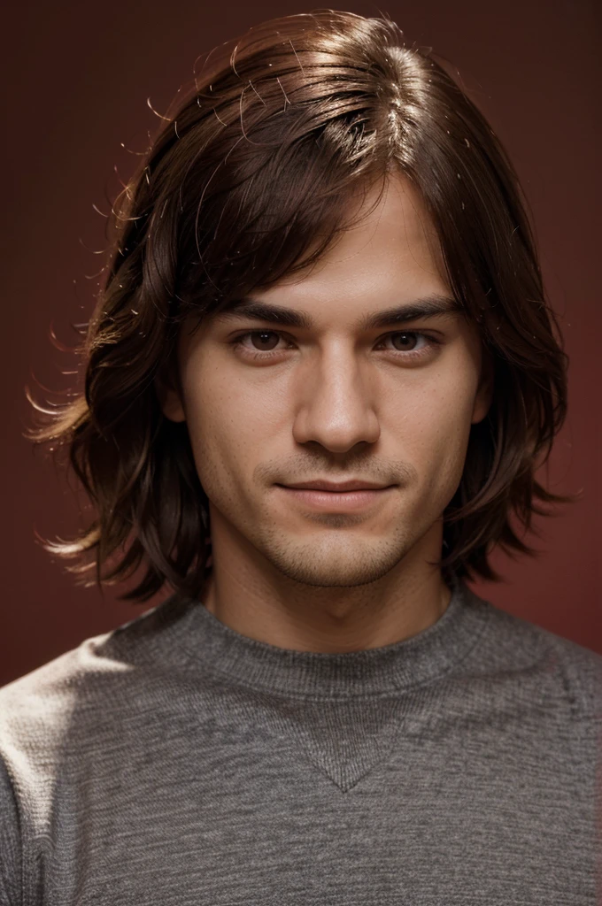Make a photo pass of a man. This man is wearing a maroon alma mater with a red background. This man appears in a formal pose, face facing straight forward, neutral facial expression or light smile, and neat hair. Ensure even lighting and high image quality