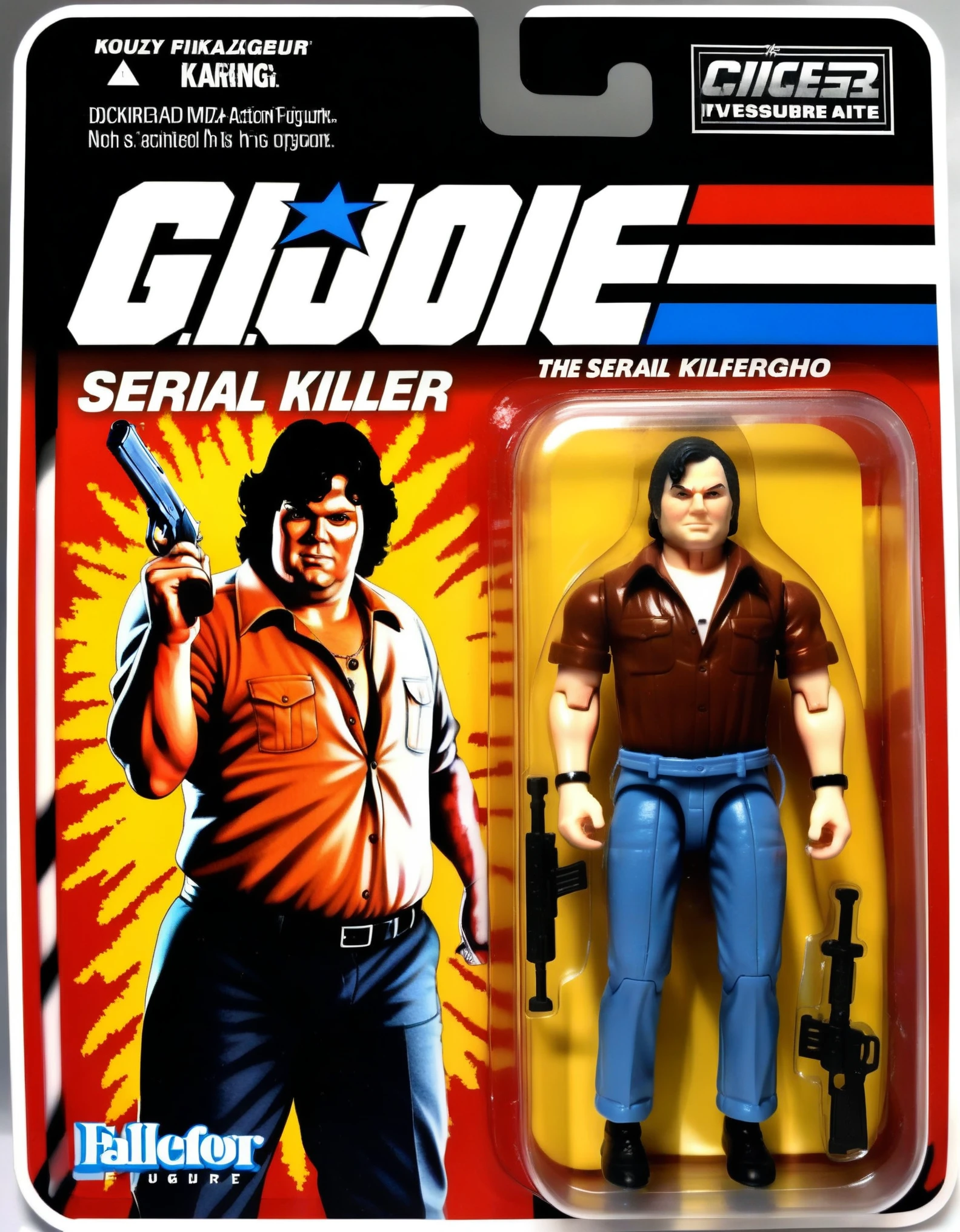 An action figure of serial killer in a plastic box, resembling a photograph. The fat figure is in a Excitement in standing with a gun, wearing shirts and pants, The packaging displays a fat citizen serial killaer's dynamic in-life moments and his signature interpretation,